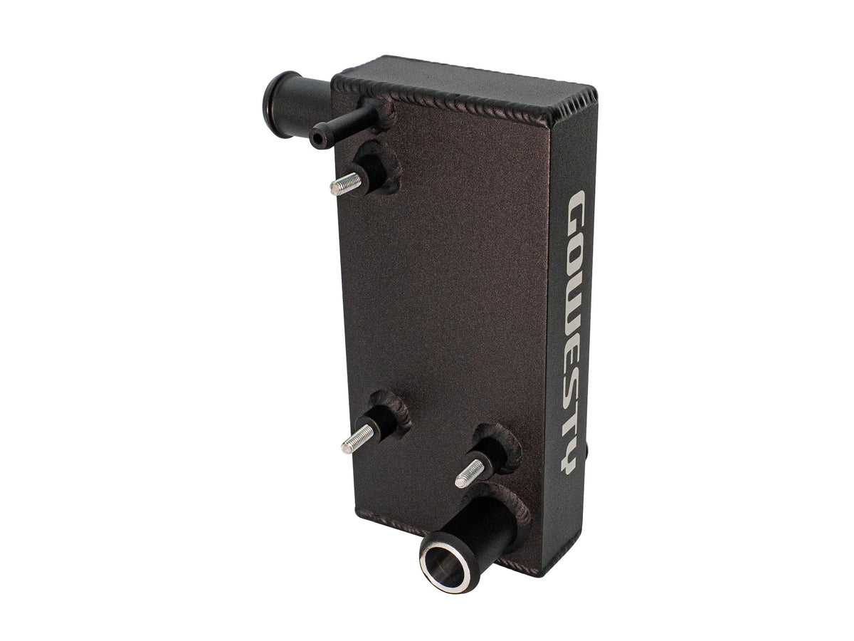 Aluminum coolant junction for 2WD Waterboxer engine by GoWesty, shown with mounting studs in a cooling system setup.