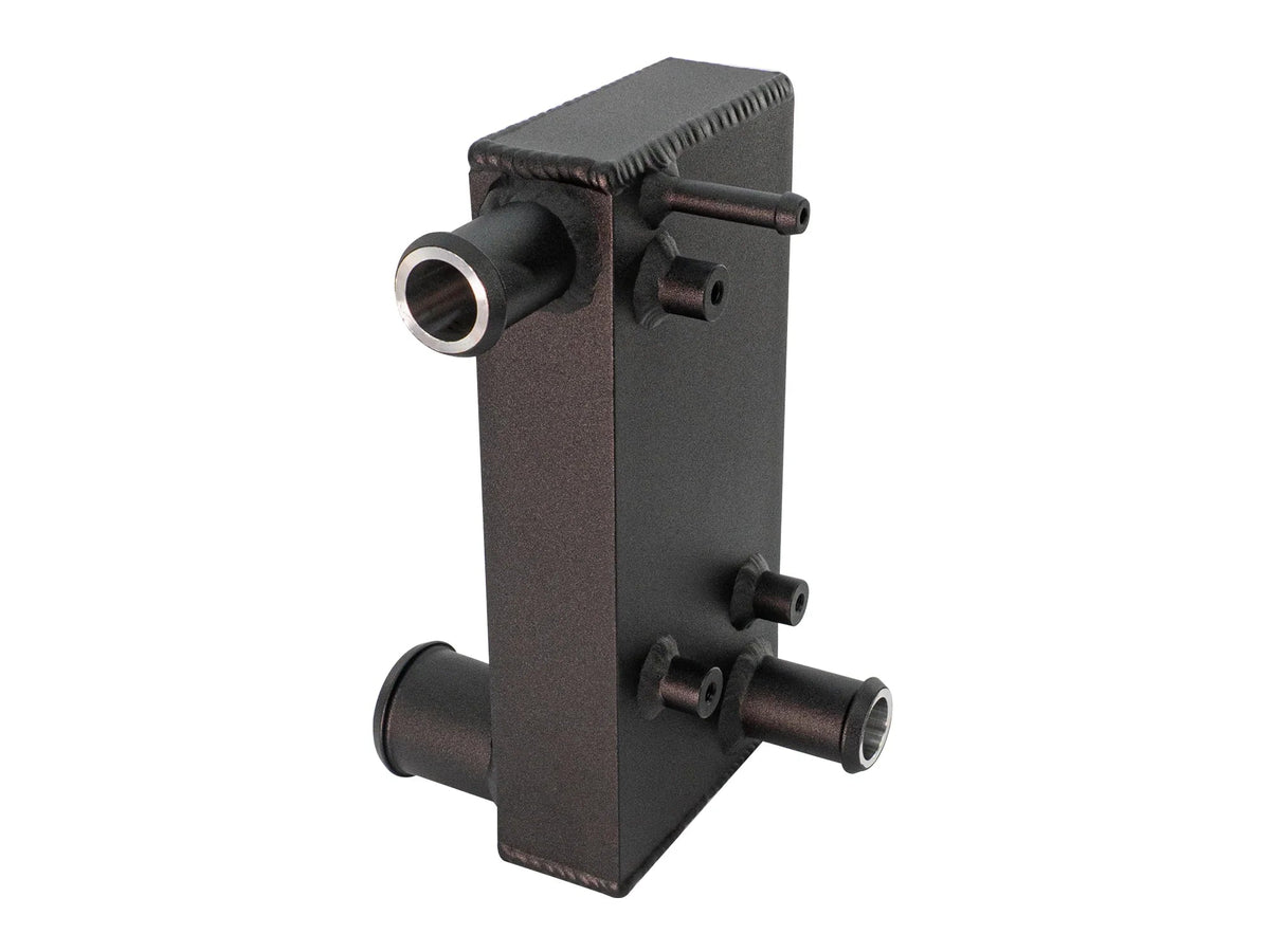 Aluminum Coolant Junction for 2WD Waterboxer cooling system by GoWesty, shown mounted in vehicle engine compartment.