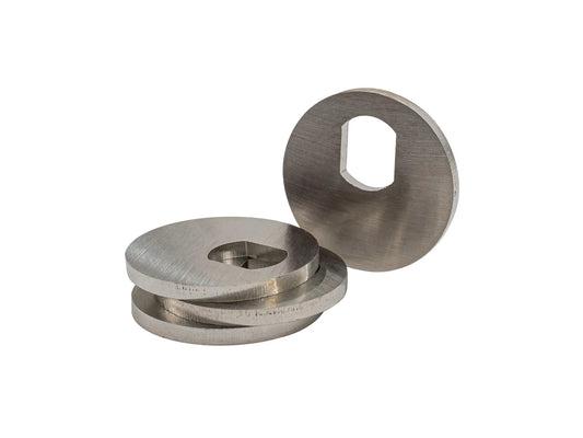 Set of four GoWesty eccentric washers for upper control arms in suspension systems, used for vehicle alignment adjustments.