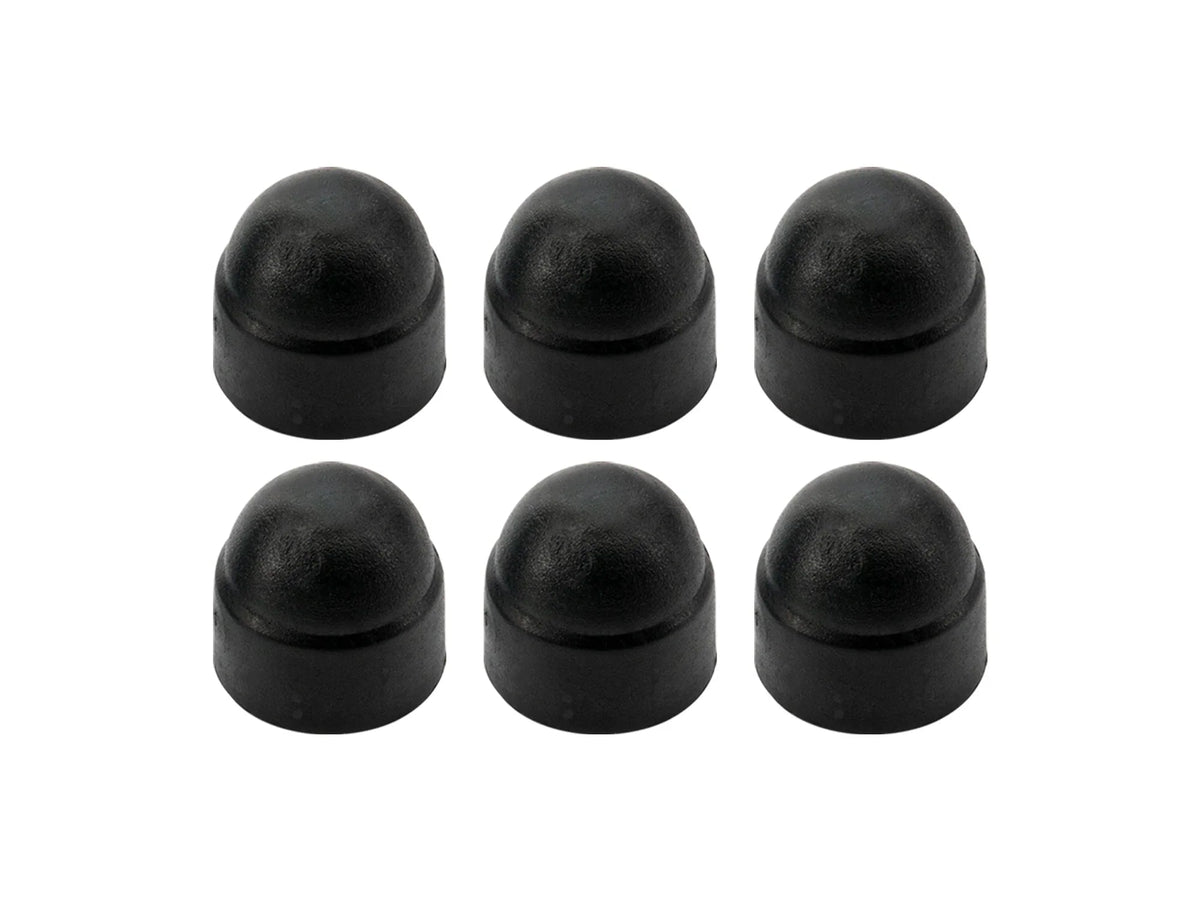 Set of six black luggage rack and lifting gear nut covers for Vanagon roof racks by GoWesty, protecting rack hardware.