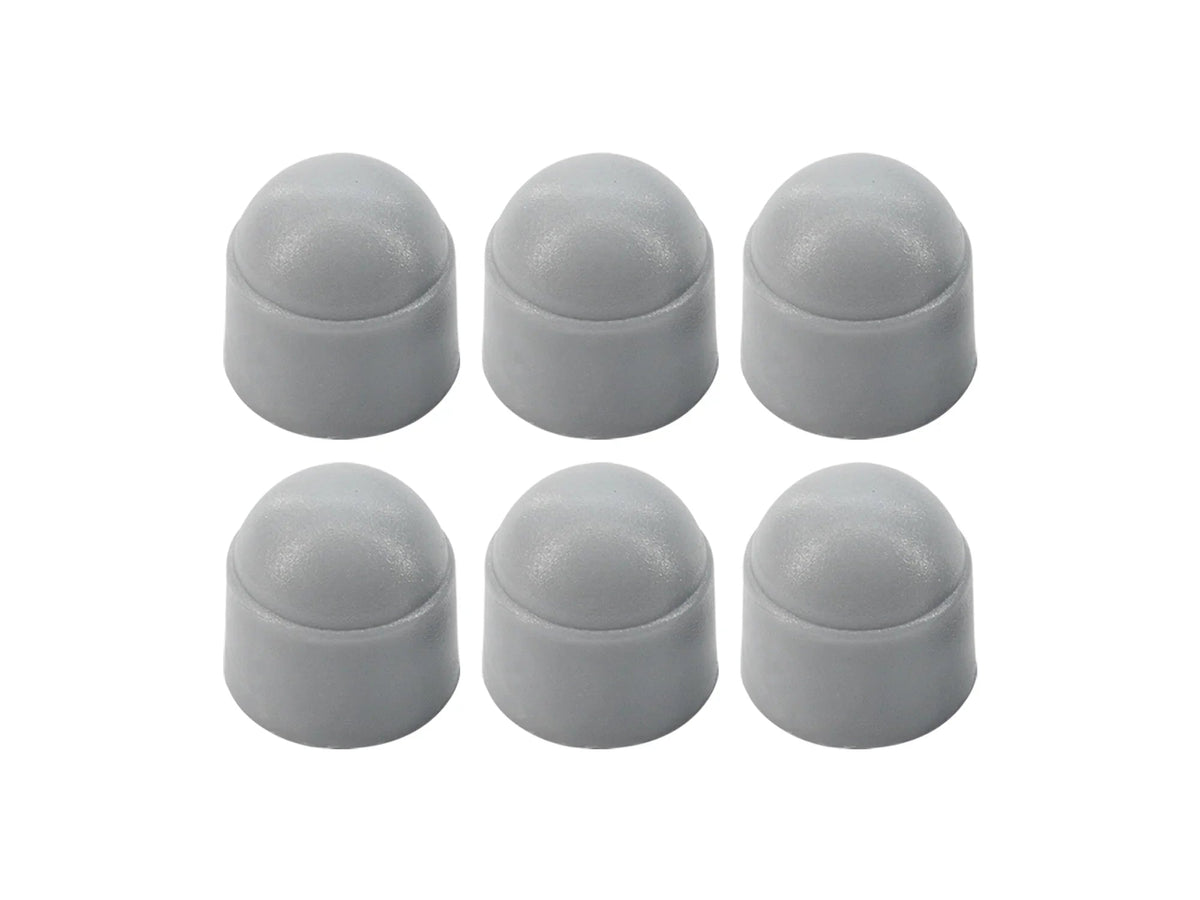 Six grey GoWesty luggage rack and lifting gear nut covers for Vanagon roof racks, shown on a white background.