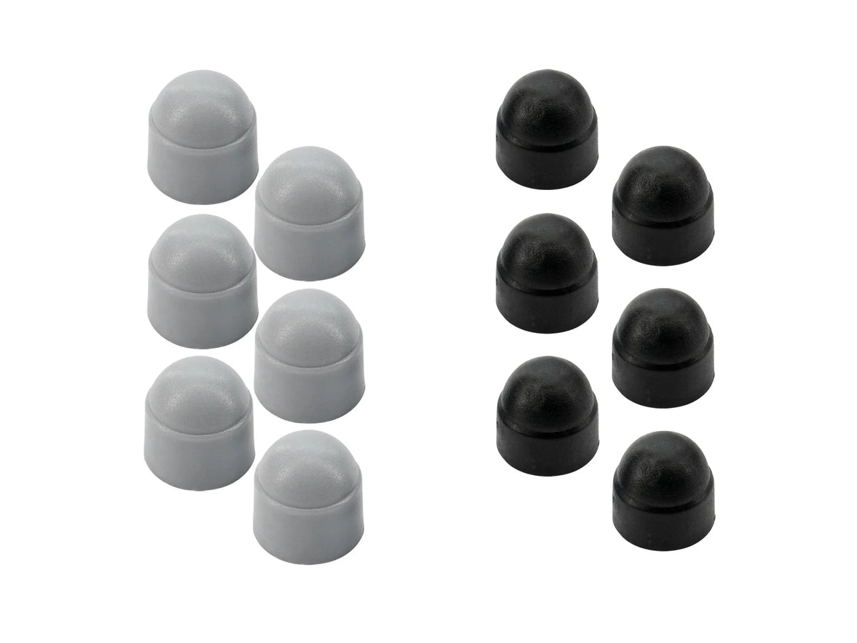 Six GoWesty luggage rack and lifting gear nut covers for Vanagon roof racks, shown in a close-up image.