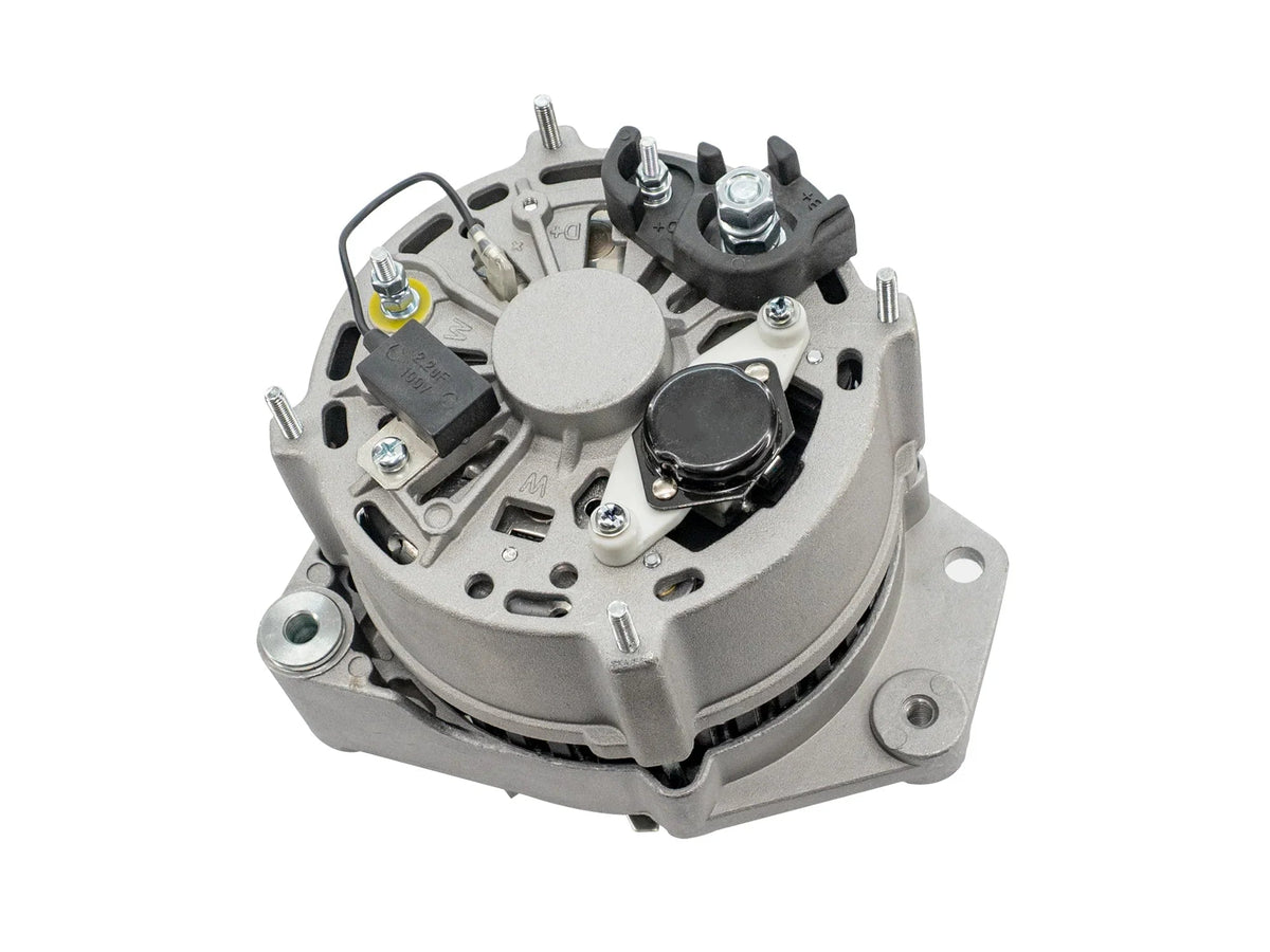 GoWesty 90A watercooled alternator for Vanagon, showing the compact design with cooling components and electrical connections.