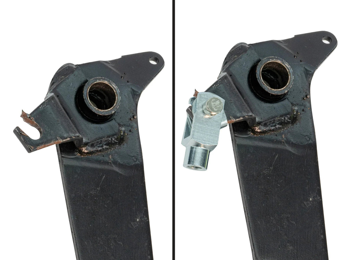 GoWesty clutch pedal fix kit showing before and after installation on vehicle pedal assembly.