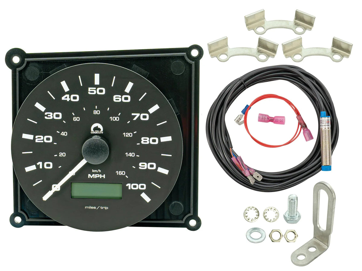 GoWesty electronic speedometer kit for Vanagon, featuring digital display and installation components for vehicle speed measurement.