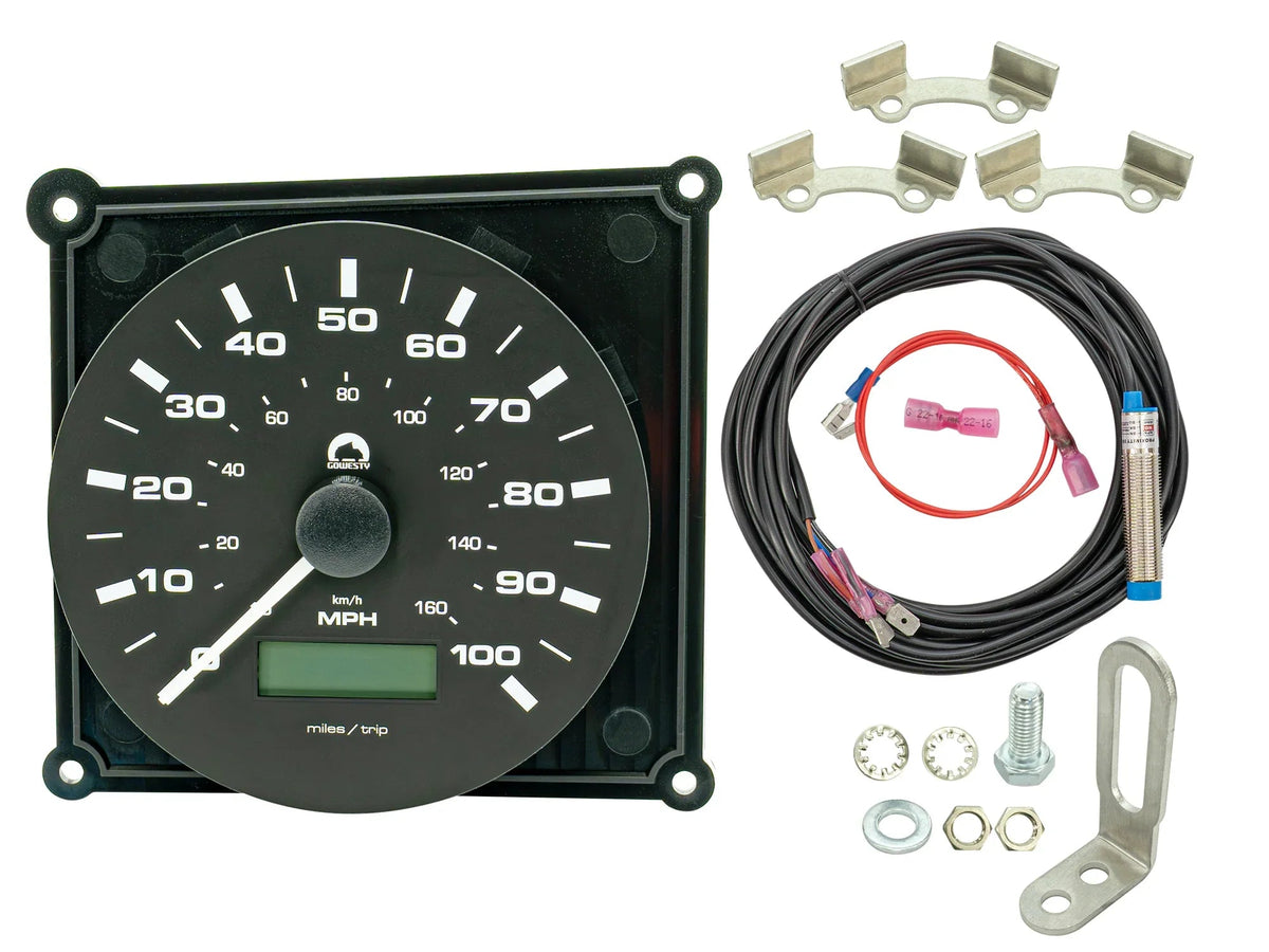 GoWesty electronic speedometer kit for Vanagon, featuring digital MPH display and installation components.