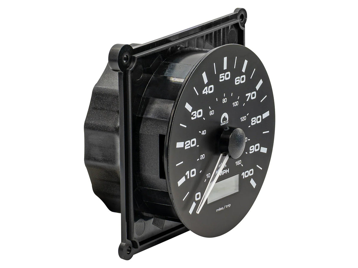 GoWesty electronic speedometer kit with GPS for Vanagon, displaying digital readout and brand logo on the device.