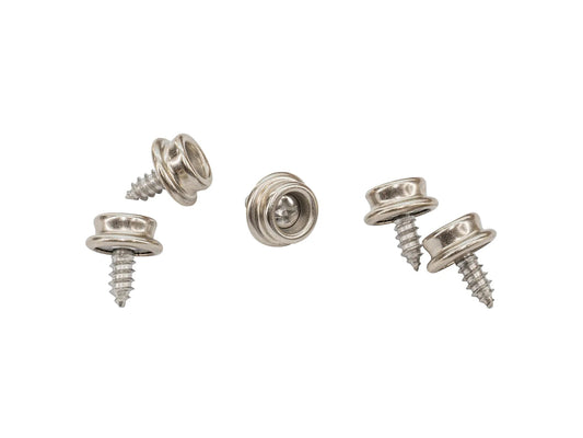 Set of five GoWesty male snap fasteners with screws, used for clothing or fabric repairs.