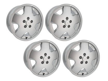 Set of OEM replica alloy wheels for Bus and Vanagon by GoWesty, available in 15, 16, and 17-inch sizes with matching tires and accessories.