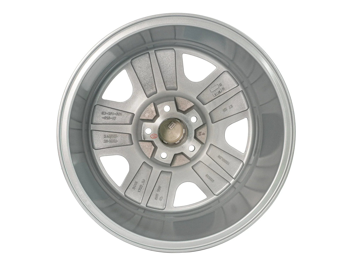 Close-up of GoWesty OEM Replica alloy wheel for Bus and Vanagon, showing detailed back view with alloy finish in sizes 15 to 17 inches.
