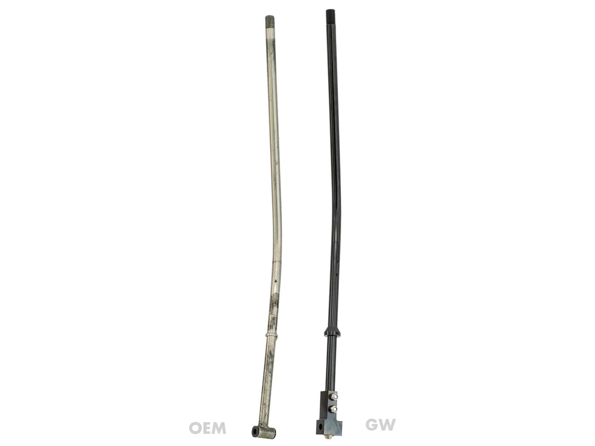 Heavy-duty Gear Shift Lever for late Vanagon by GoWesty, shown in comparison with original shift lever.