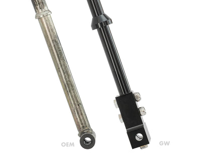 Heavy-duty Gear Shift Lever for late Vanagon by GoWesty, shown in detailed close-up comparison image.