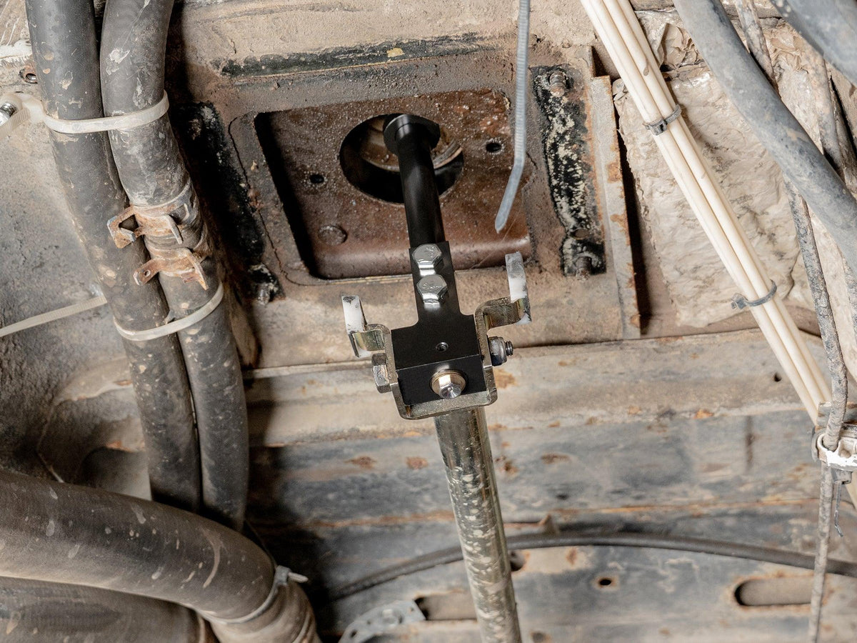 Heavy-duty Gear Shift Lever by GoWesty installed in a late Vanagon, showcasing durable shift lever design for manual transmission.
