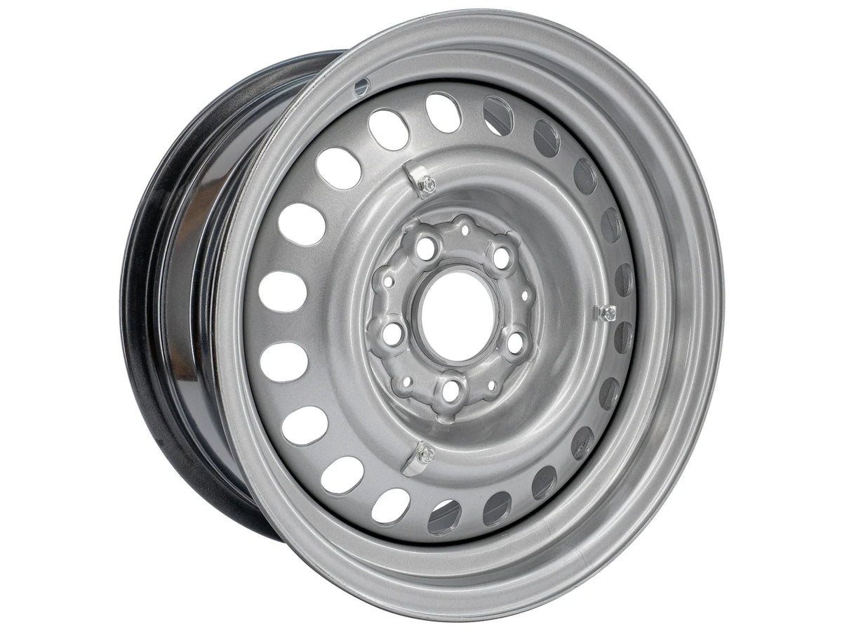 GoWesty Hubcap Mounting Kit installed on GW Steel Wheels, showing secure attachment of hubcaps with mounting hardware.