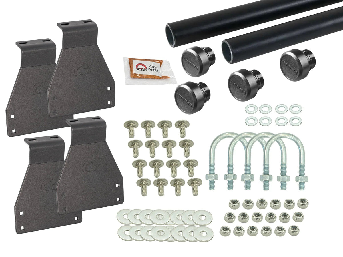 GoWesty bolt-on roof rack bundle for Vanagon Westfalia with two bars and mounting brackets, suitable for versatile cargo carry.