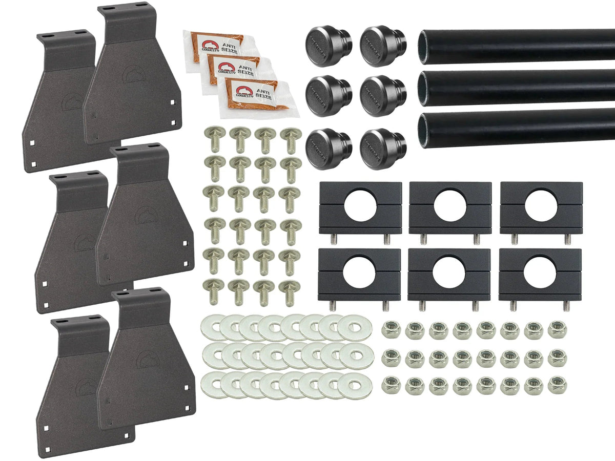 GoWesty bolt-on roof rack bundle for Vanagon Westfalia, including bars and brackets, installed on the vehicle roof.