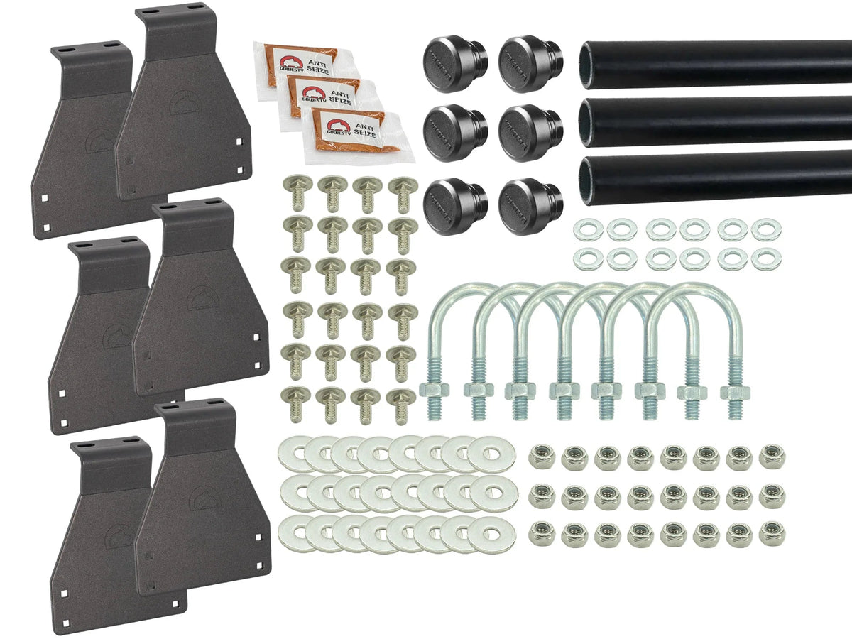 GoWesty bolt-on roof rack bundle for Vanagon Westfalia with three bars and U-bolts, designed for secure cargo carrying.