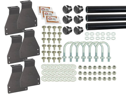 GoWesty bolt-on roof rack bundle for Vanagon Westfalia with three bars and U-bolts, designed for secure cargo carrying.