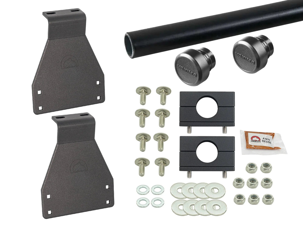 GoWesty bolt-on roof rack bundle for Vanagon Westfalia, includes bars and mounting brackets for secure vehicle storage.