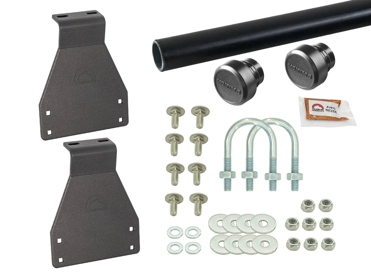 GoWesty Bolt-On Roof Rack bundle for Vanagon Westfalia with bars and U-bolt, designed for secure vehicle mounting.