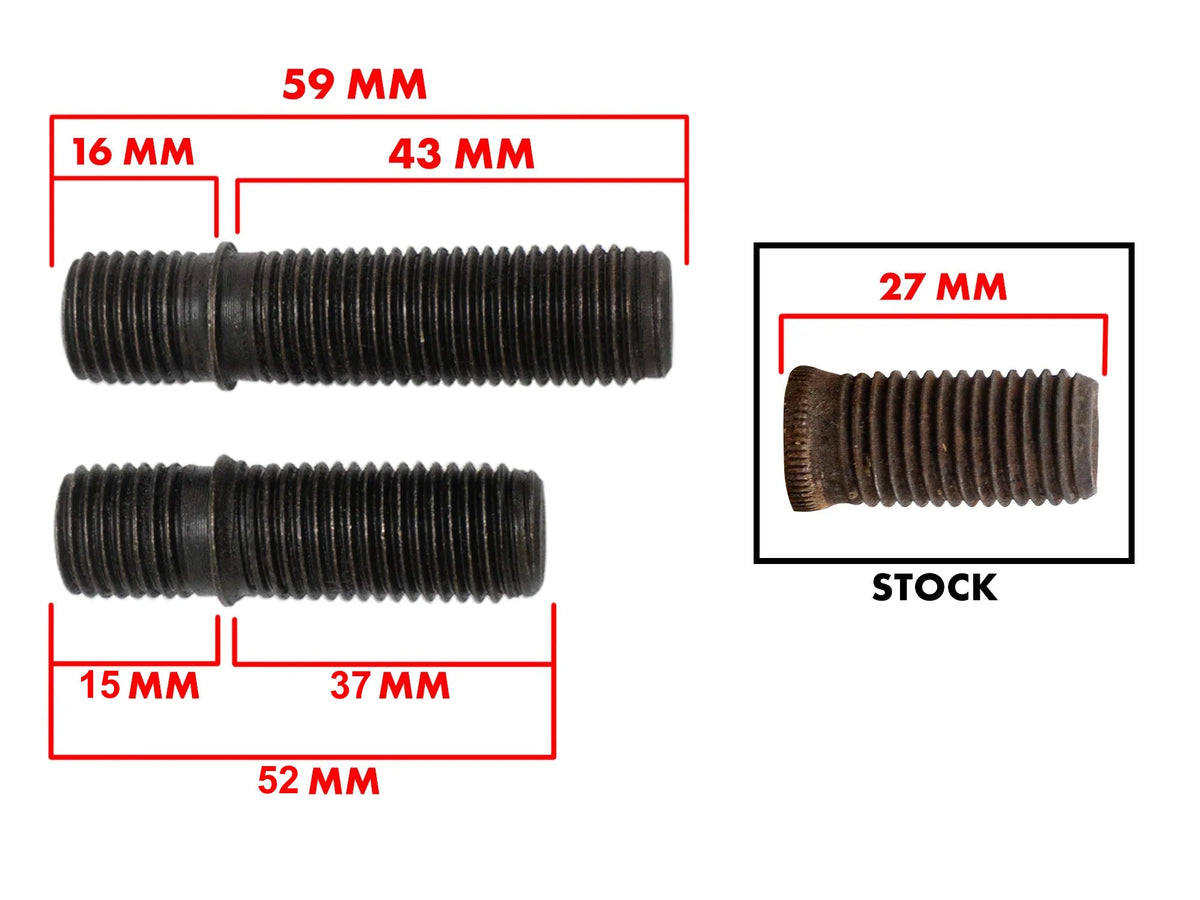 GoWesty threaded wheel stud set for 2WD Vanagon and Eurovan, showing close-up of metal studs and dimensions for wheel installation.