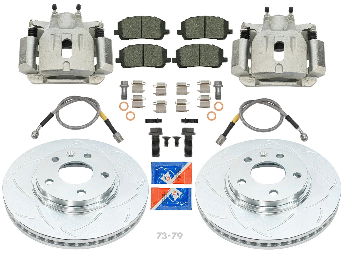 GoWesty front bigger brakes for late bus and early Vanagon, showing brake components installed on vehicle wheel assembly.
