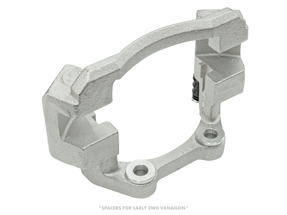 GoWesty Bigger Front Brakes with spacers for early 2WD Vanagon and late bus models, showing brake components and spacers.