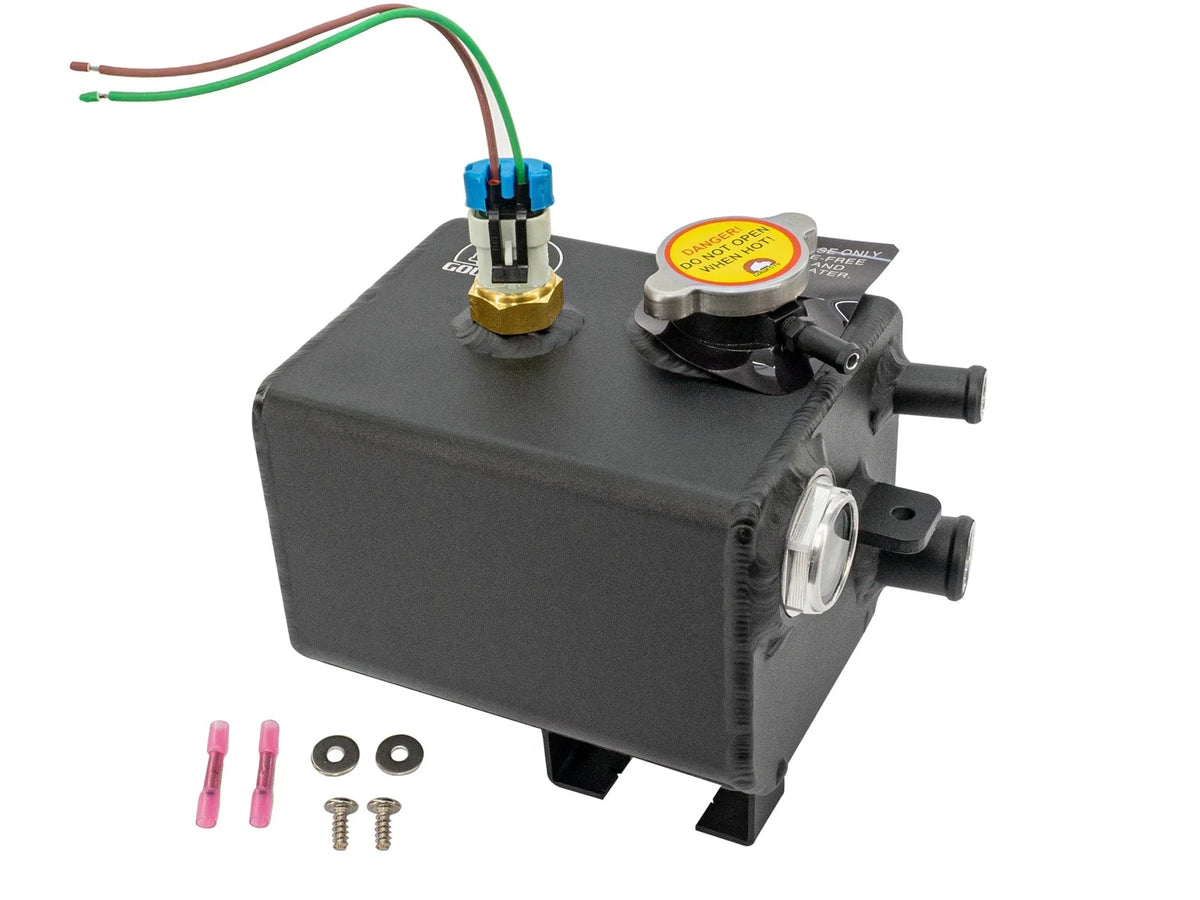 Black aluminum coolant expansion tank for Vanagon cooling system by GoWesty, shown with mounting points and inlet/outlet hoses.