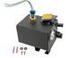 Black aluminum coolant expansion tank for Vanagon cooling system by GoWesty, shown with mounting points and inlet/outlet hoses.