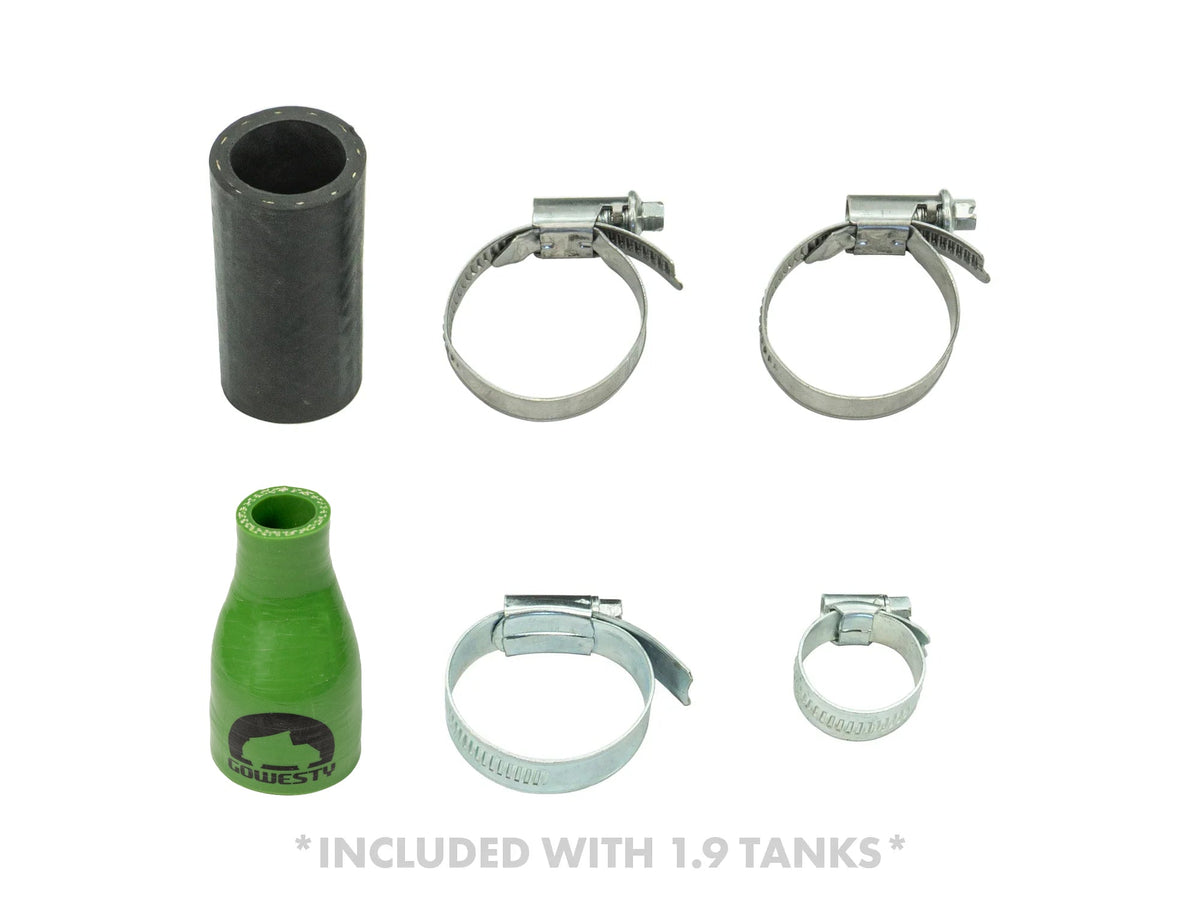 Aluminum coolant expansion tank for Vanagon, part of GoWesty’s cooling system, with black hoses attached.