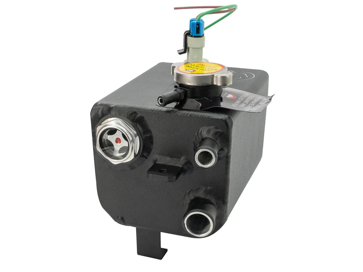 Black aluminum coolant expansion tank for Vanagon, part of GoWesty’s cooling system, shown in detailed view.