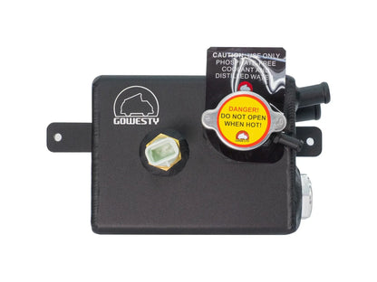 Aluminum coolant expansion tank for Vanagon, part of GoWesty’s cooling system, shown with black cap and mounting points.