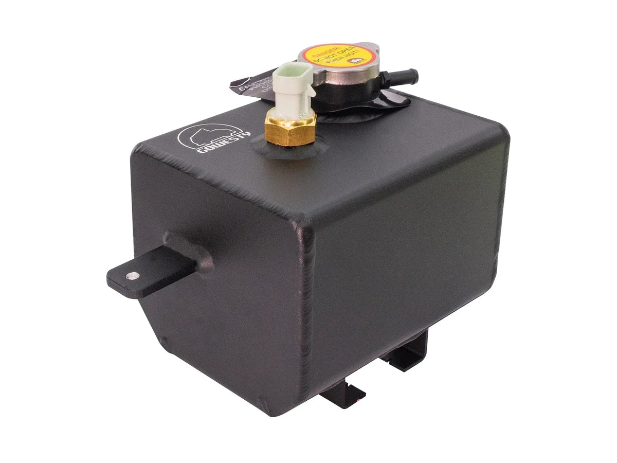 Aluminum coolant expansion tank for Vanagon cooling system by GoWesty, shown with mounting and connection points.