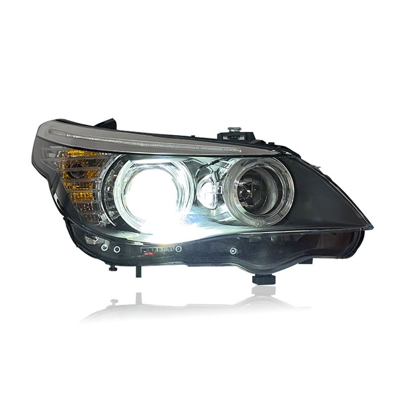 Vekto LED headlights for BMW 5 Series E60 2003-2010, close-up of headlight assembly with bright LED bulbs and chrome finish.
