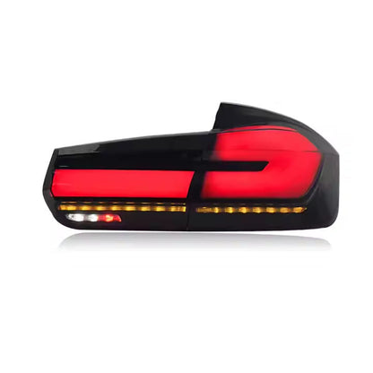 BMW 3 Series F30/F35 G30 style LED tail lights in red and white by Vekto, showing close-up of sleek taillight design.
