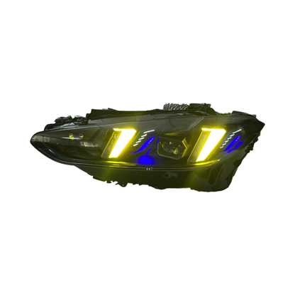 Vekto triple-color snake eyes LED headlights for BMW G22 G82 2021-2025, showcasing modern design and vibrant lighting features.