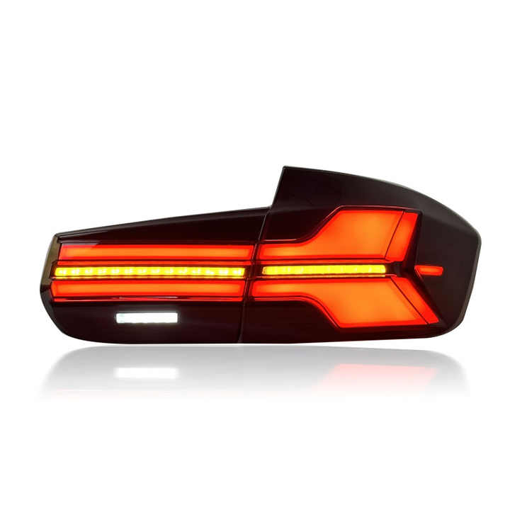 Vekto G05 LCI Style LED taillights on a BMW 3 Series F30 M3 F80 2012-2018, showcasing sleek red and clear lens design.