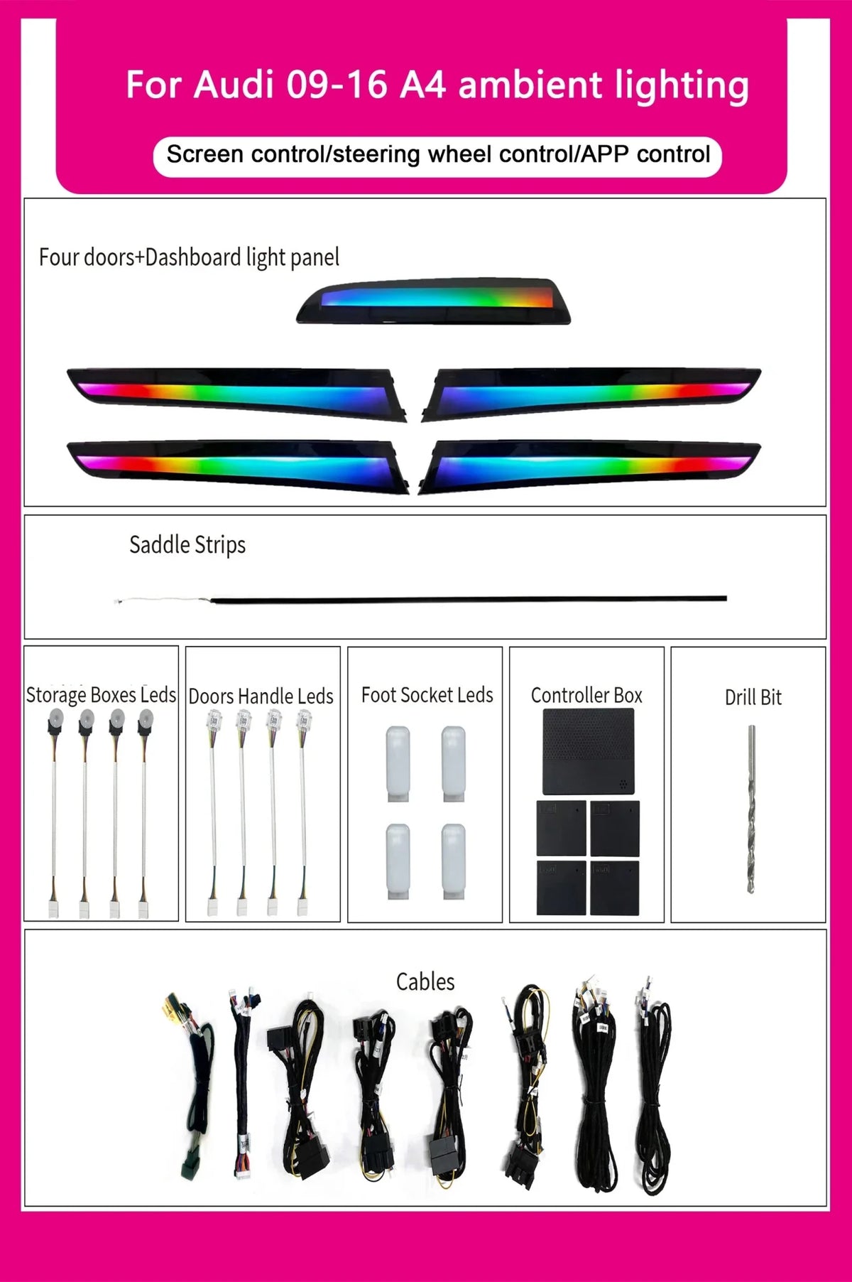Audi A4 B8 Interior 64-Color Symphony LED Ambient Light Kit 2009 - 2016 - AudiGear.com - Interior Lighting