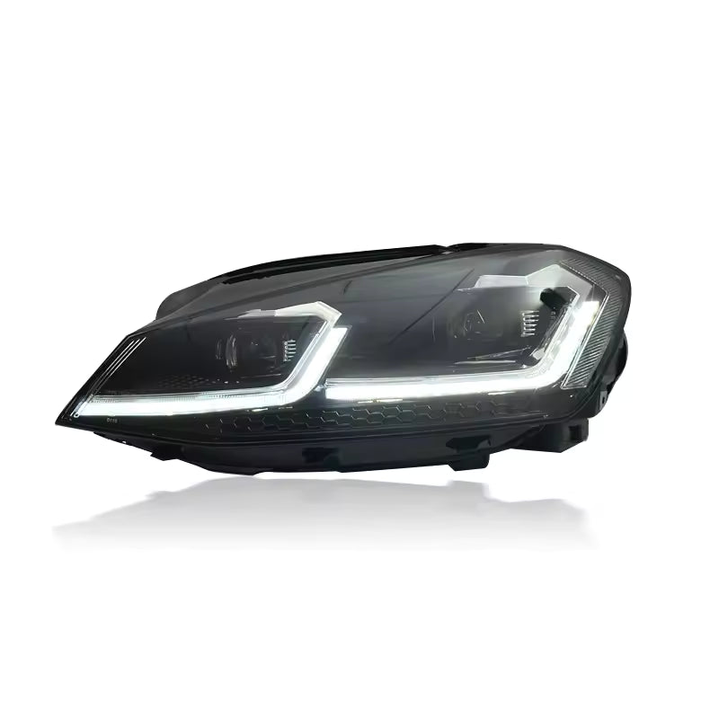 Vekto full LED headlights for Volkswagen Golf MK7 2013-2020, showing bright LED light strips and clear headlight lenses.