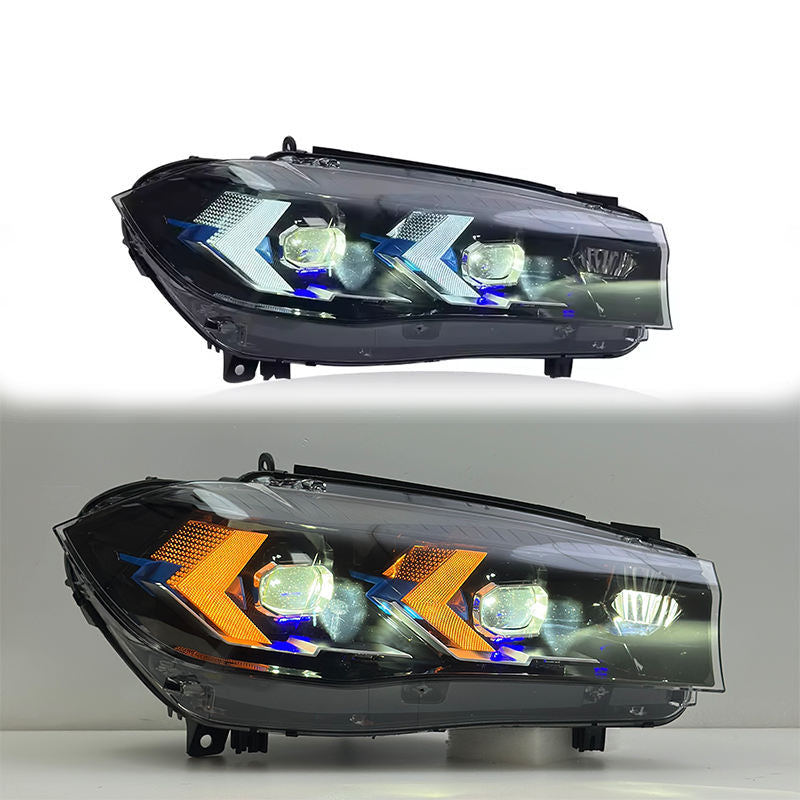 Vekto Laser LED headlights for BMW X5 F15 2013-2019, close-up of the modern headlight design with LED lighting elements.