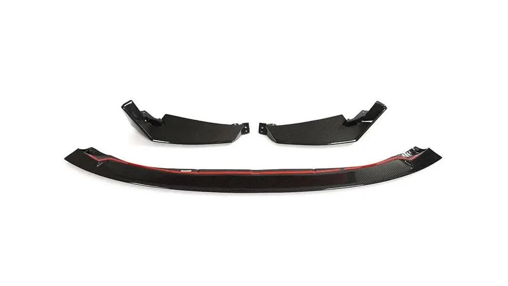 Dry carbon fiber CSL style front splitter for BMW G80 M3 and G82 M4, featuring a 3-piece design by K2 Industries.