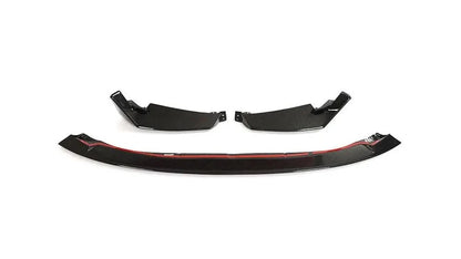 Dry carbon fiber CSL style front splitter for BMW G80 M3 and G82 M4, featuring a 3-piece design by K2 Industries.