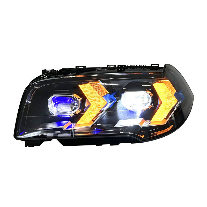 Vekto dual-color laser style LED headlights installed on a 2006-2010 BMW X3 E83 showing bright illumination and modern design.