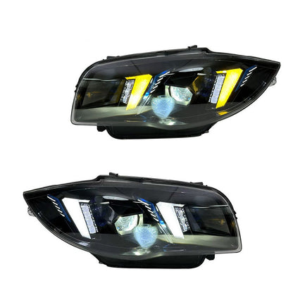 Vekto dual color LED headlights assembly for BMW 1 Series E82 E87 2004-2011, close-up showing headlight design and LED features