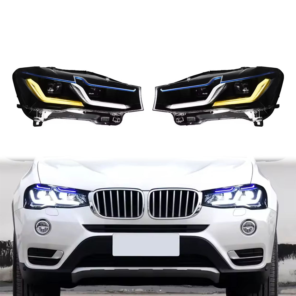 Vekto LED headlights assembly for BMW X3 F25 (2014–2017), showing close-up of the high-quality headlight unit with LED bulbs.