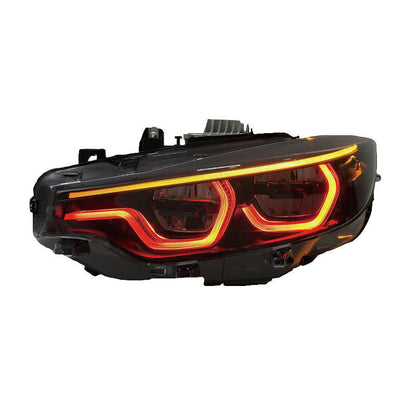 Vekto V3 Smoked IKON Tri-Color LED headlights for BMW F32 F36 F80 F82 M3 M4 2013-2019, showing smoked lenses and tri-color LEDs