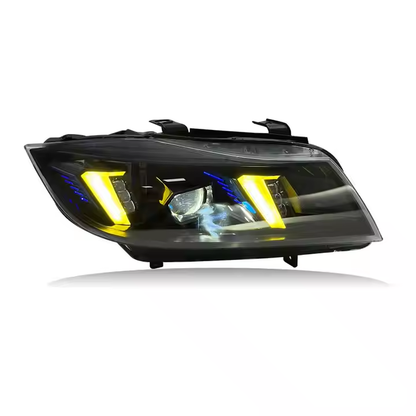 Vekto Snake Eyes LED headlights for BMW E90 2005-2012, showing sleek headlight assembly with LED accents and clear lens.