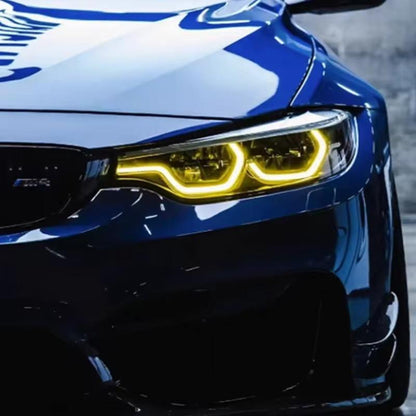 Vekto CSL Yellow LED DRL modules installed in BMW F80 M3 and F82/F83 M4 LCI headlights, showcasing bright yellow daytime running lights.
