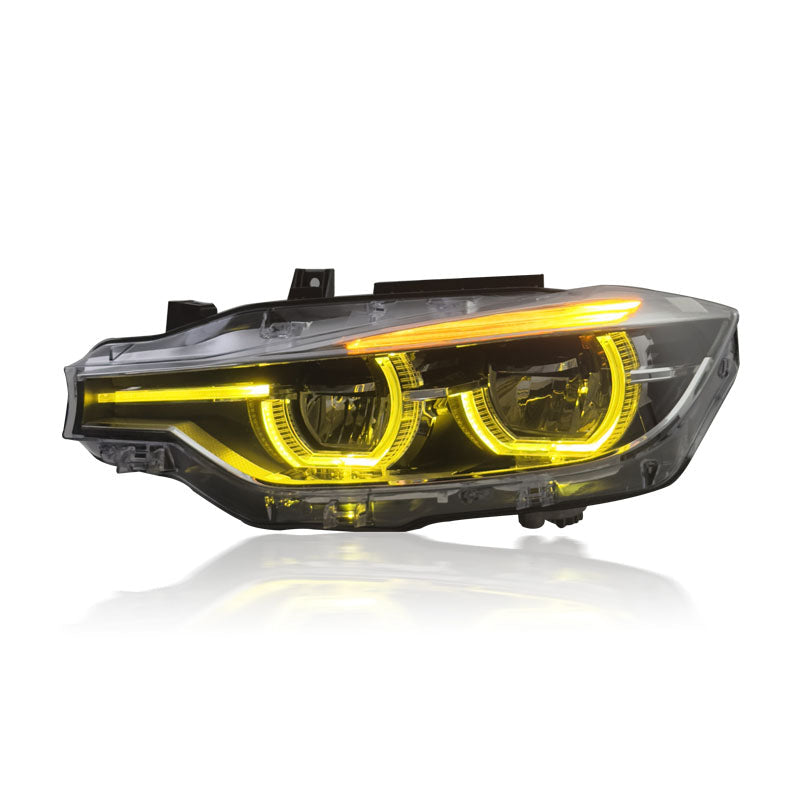 Vekto dual-color LED headlights for BMW 3 Series F30/F35 2013-2018, showing illuminated H11 style headlights with distinct color zones.
