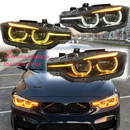 Vekto three-color LED headlights for BMW 3 Series F30/F35 2013-2018, showing the headlights with different lighting modes.